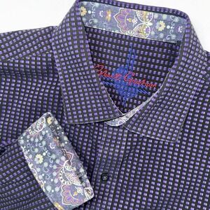 Robert Graham Mens XL Purple Check Button Down Shirt Paisley Trim Flip Cuff